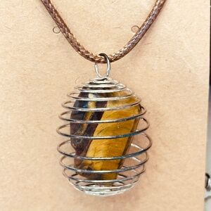 925 Sterling Silver Plated &Tiger’s Eye Crystal Large Spiral Wire Wrapped Cage
